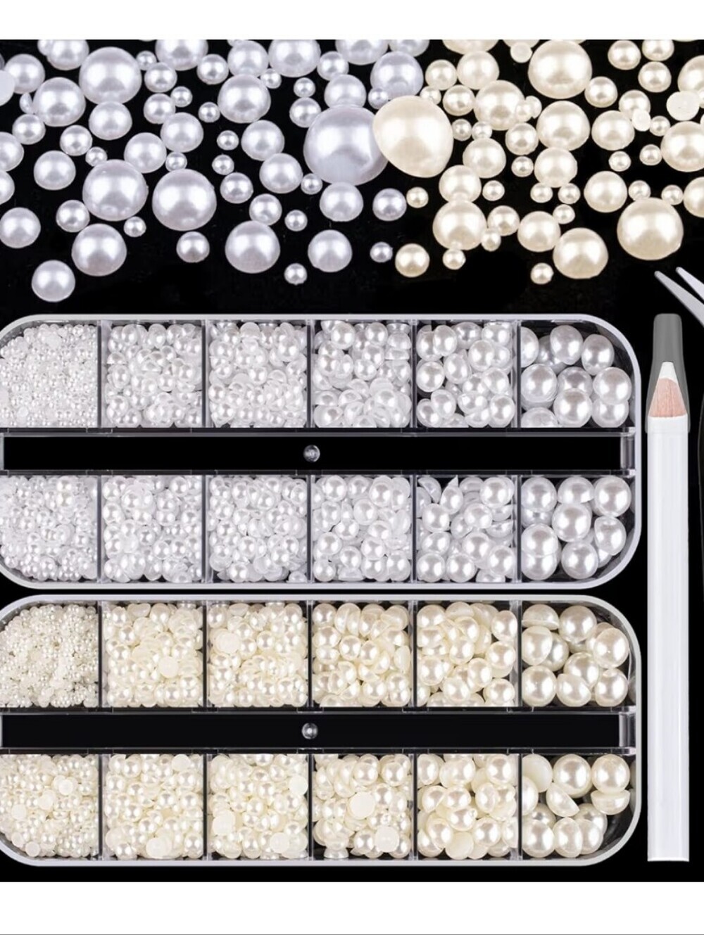2700 Pearl Nail Art Kit – White & Beige Decorative Pearls